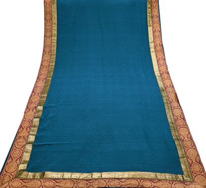 Indian Vintage Sari Teal Blue Pure Crepe Silk Hand Woven Sarees 5yd Sewing Craft Fabric Zari Border Dress making Crafting Quilting