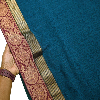 Indian Vintage Sari Teal Blue Pure Crepe Silk Hand Woven Sarees 5yd Sewing Craft Fabric Zari Border Dress making Crafting Quilting
