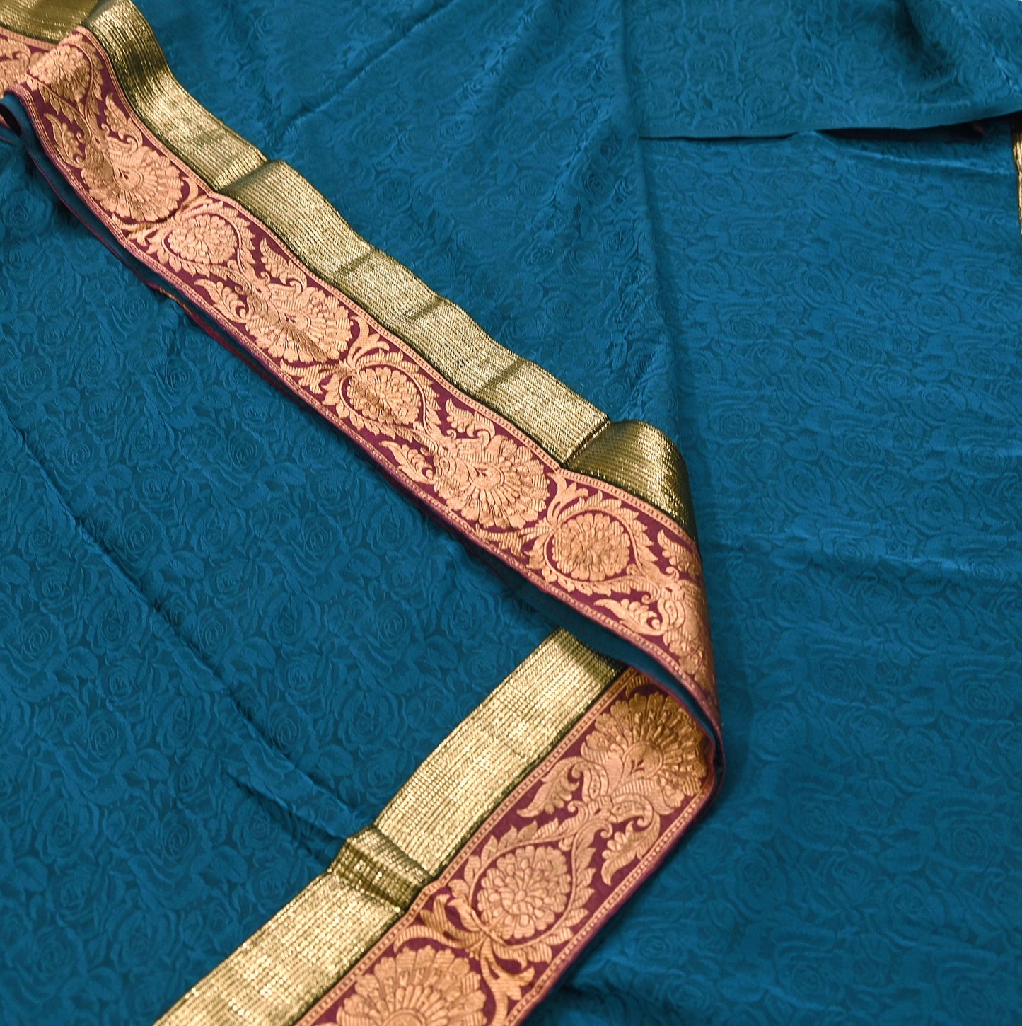 Indian Vintage Sari Teal Blue Pure Crepe Silk Hand Woven Sarees 5yd Sewing Craft Fabric Zari Border Dress making Crafting Quilting