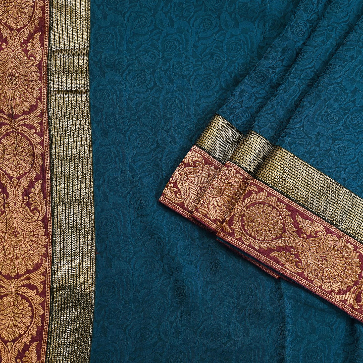 Indian Vintage Sari Teal Blue Pure Crepe Silk Hand Woven Sarees 5yd Sewing Craft Fabric Zari Border Dress making Crafting Quilting