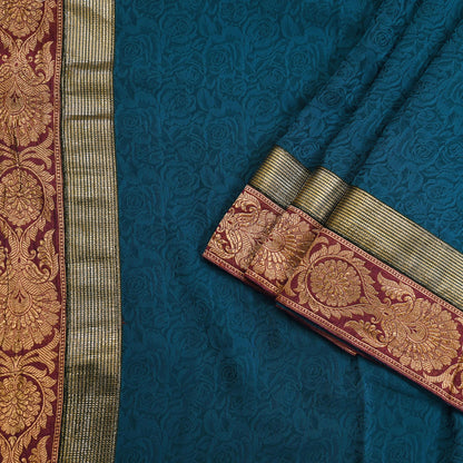 Indian Vintage Sari Teal Blue Pure Crepe Silk Hand Woven Sarees 5yd Sewing Craft Fabric Zari Border Dress making Crafting Quilting