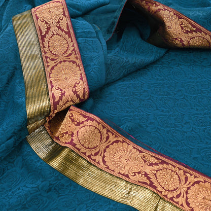 Indian Vintage Sari Teal Blue Pure Crepe Silk Hand Woven Sarees 5yd Sewing Craft Fabric Zari Border Dress making Crafting Quilting