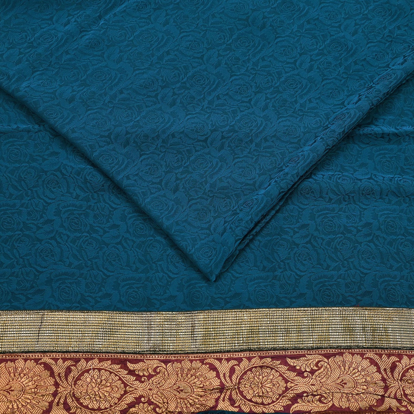 Indian Vintage Sari Teal Blue Pure Crepe Silk Hand Woven Sarees 5yd Sewing Craft Fabric Zari Border Dress making Crafting Quilting