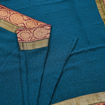 Indian Vintage Sari Teal Blue Pure Crepe Silk Hand Woven Sarees 5yd Sewing Craft Fabric Zari Border Dress making Crafting Quilting