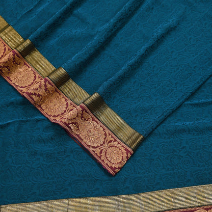 Indian Vintage Sari Teal Blue Pure Crepe Silk Hand Woven Sarees 5yd Sewing Craft Fabric Zari Border Dress making Crafting Quilting