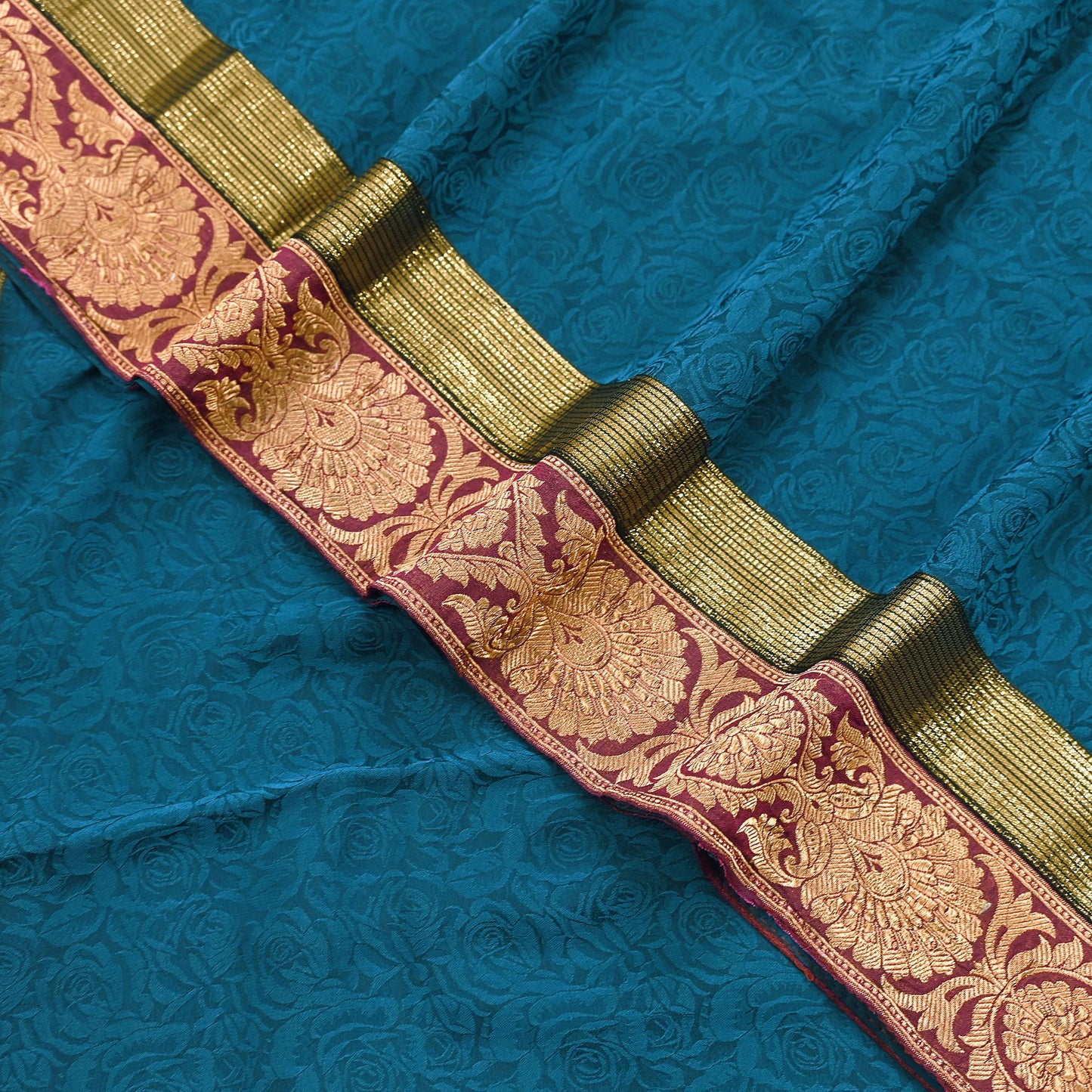 Indian Vintage Sari Teal Blue Pure Crepe Silk Hand Woven Sarees 5yd Sewing Craft Fabric Zari Border Dress making Crafting Quilting