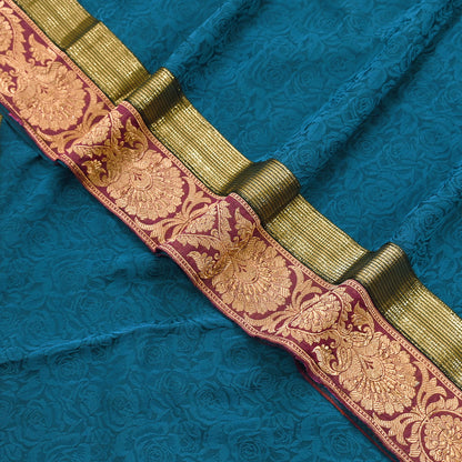 Indian Vintage Sari Teal Blue Pure Crepe Silk Hand Woven Sarees 5yd Sewing Craft Fabric Zari Border Dress making Crafting Quilting