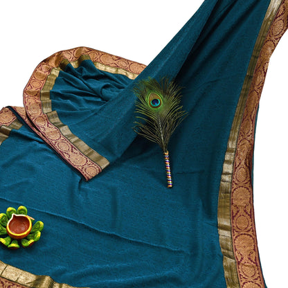 Indian Vintage Sari Teal Blue Pure Crepe Silk Hand Woven Sarees 5yd Sewing Craft Fabric Zari Border Dress making Crafting Quilting