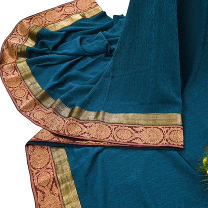 Indian Vintage Sari Teal Blue Pure Crepe Silk Hand Woven Sarees 5yd Sewing Craft Fabric Zari Border Dress making Crafting Quilting