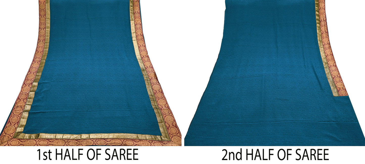 Indian Vintage Sari Teal Blue Pure Crepe Silk Hand Woven Sarees 5yd Sewing Craft Fabric Zari Border Dress making Crafting Quilting