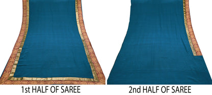 Indian Vintage Sari Teal Blue Pure Crepe Silk Hand Woven Sarees 5yd Sewing Craft Fabric Zari Border Dress making Crafting Quilting