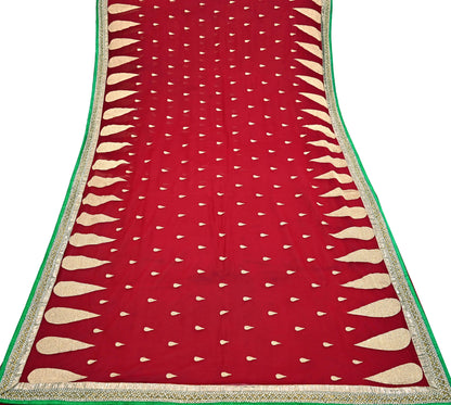 Indian Vintage Heavy Sari Red Pure Georgette Silk Hand Embroidered Sarees Craft Fabric 6Yd Sewing Ethnic Bollywood saree Dress making