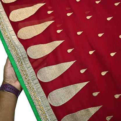 Indian Vintage Heavy Sari Red Pure Georgette Silk Hand Embroidered Sarees Craft Fabric 6Yd Sewing Ethnic Bollywood saree Dress making