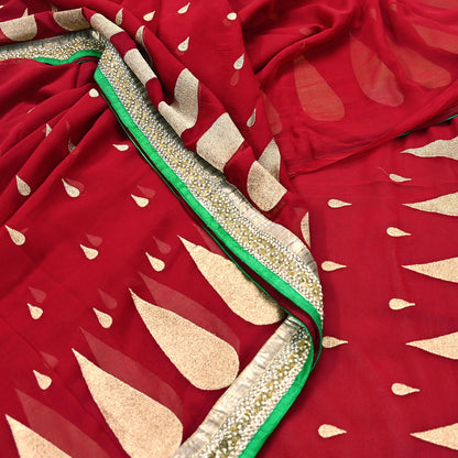 Indian Vintage Heavy Sari Red Pure Georgette Silk Hand Embroidered Sarees Craft Fabric 6Yd Sewing Ethnic Bollywood saree Dress making