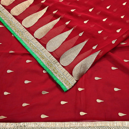 Indian Vintage Heavy Sari Red Pure Georgette Silk Hand Embroidered Sarees Craft Fabric 6Yd Sewing Ethnic Bollywood saree Dress making