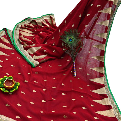 Indian Vintage Heavy Sari Red Pure Georgette Silk Hand Embroidered Sarees Craft Fabric 6Yd Sewing Ethnic Bollywood saree Dress making