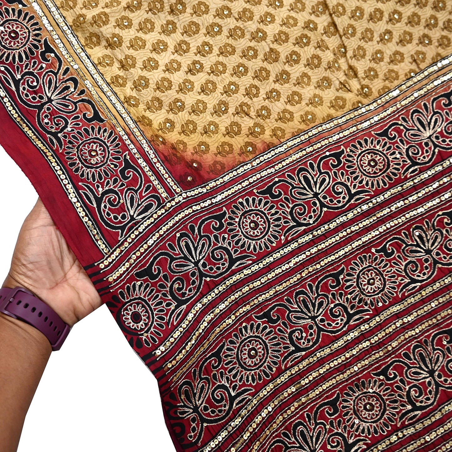 Indian Vintage Sari Beige & Maroon Pure Silk Hand Embroidered Sarees 5Yd Craft Fabric Sewing soft Quilting Crafting Ethnic Bollywood sarees