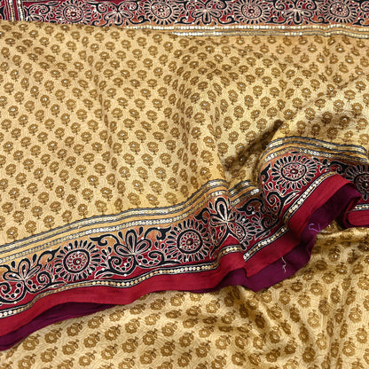 Indian Vintage Sari Beige & Maroon Pure Silk Hand Embroidered Sarees 5Yd Craft Fabric Sewing soft Quilting Crafting Ethnic Bollywood sarees