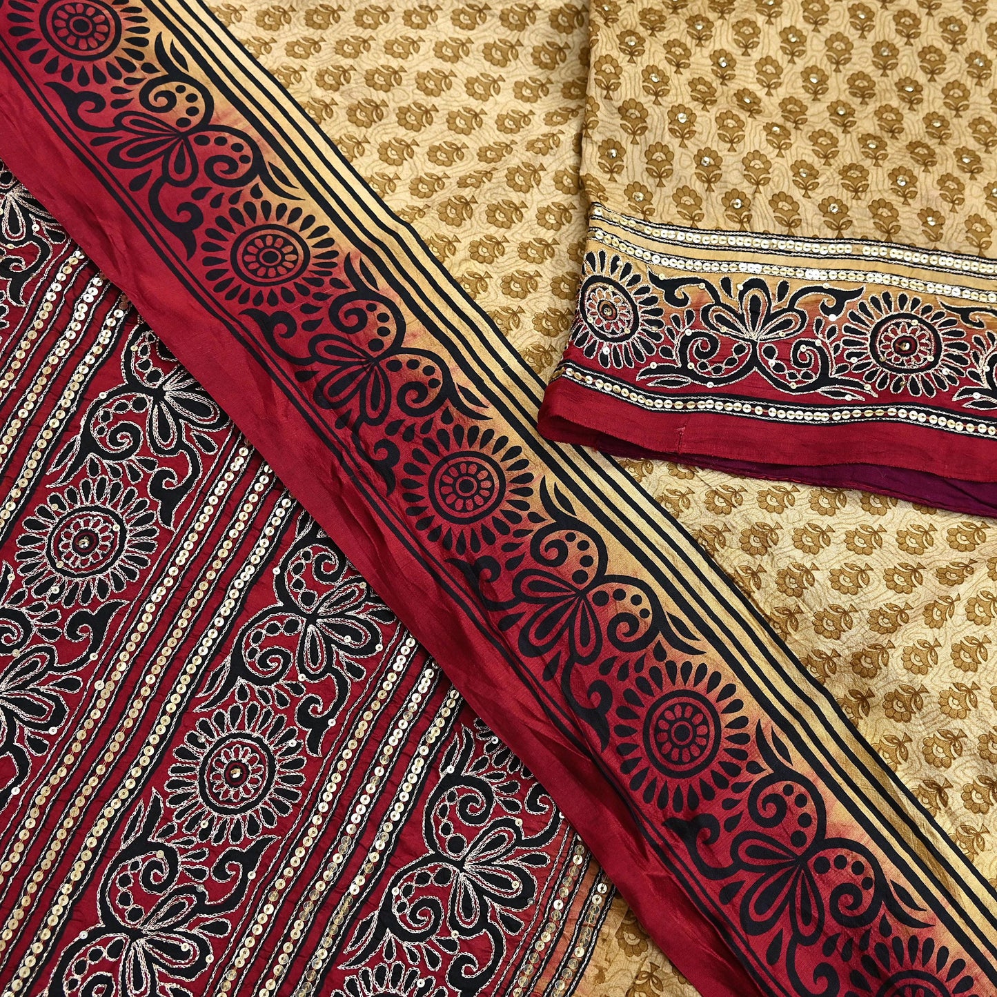 Indian Vintage Sari Beige & Maroon Pure Silk Hand Embroidered Sarees 5Yd Craft Fabric Sewing soft Quilting Crafting Ethnic Bollywood sarees