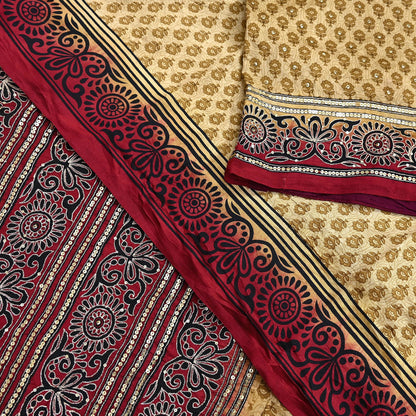 Indian Vintage Sari Beige & Maroon Pure Silk Hand Embroidered Sarees 5Yd Craft Fabric Sewing soft Quilting Crafting Ethnic Bollywood sarees