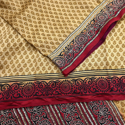 Indian Vintage Sari Beige & Maroon Pure Silk Hand Embroidered Sarees 5Yd Craft Fabric Sewing soft Quilting Crafting Ethnic Bollywood sarees