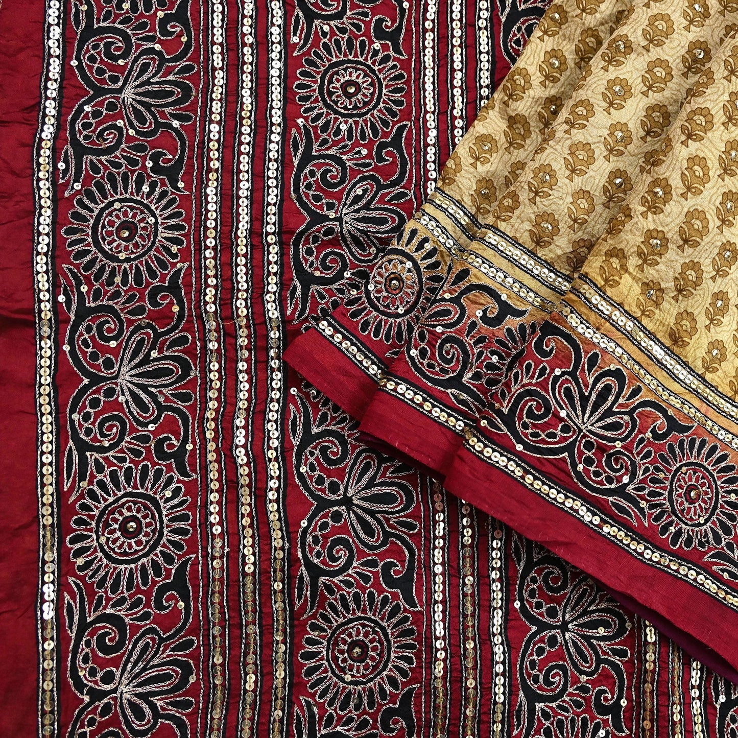 Indian Vintage Sari Beige & Maroon Pure Silk Hand Embroidered Sarees 5Yd Craft Fabric Sewing soft Quilting Crafting Ethnic Bollywood sarees