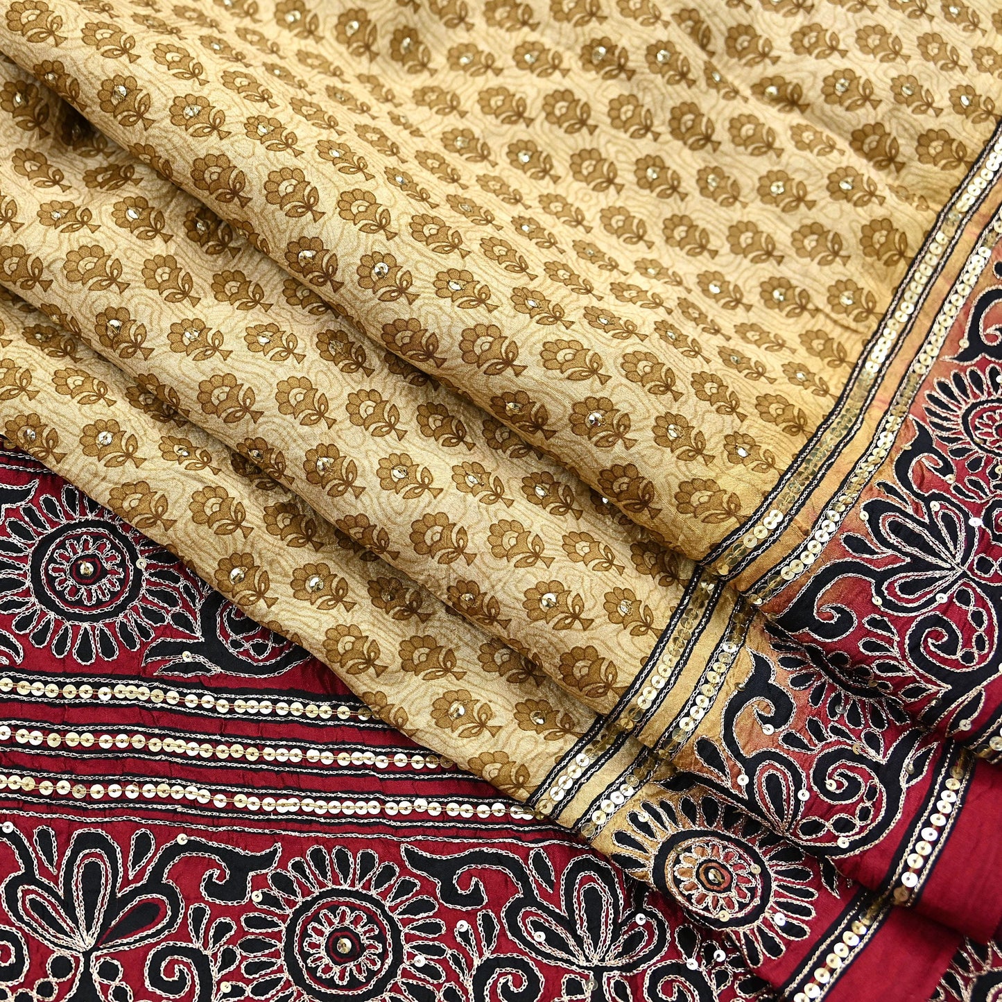 Indian Vintage Sari Beige & Maroon Pure Silk Hand Embroidered Sarees 5Yd Craft Fabric Sewing soft Quilting Crafting Ethnic Bollywood sarees