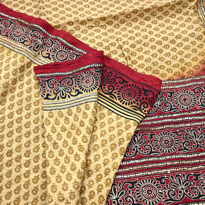 Indian Vintage Sari Beige & Maroon Pure Silk Hand Embroidered Sarees 5Yd Craft Fabric Sewing soft Quilting Crafting Ethnic Bollywood sarees