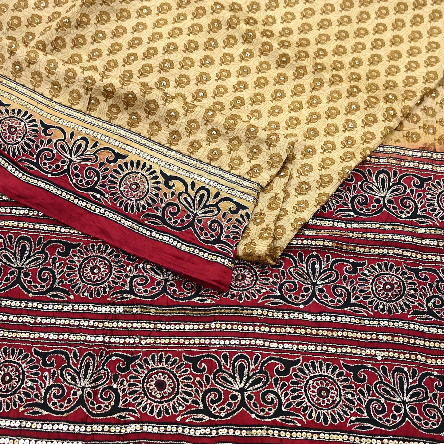 Indian Vintage Sari Beige & Maroon Pure Silk Hand Embroidered Sarees 5Yd Craft Fabric Sewing soft Quilting Crafting Ethnic Bollywood sarees