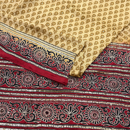 Indian Vintage Sari Beige & Maroon Pure Silk Hand Embroidered Sarees 5Yd Craft Fabric Sewing soft Quilting Crafting Ethnic Bollywood sarees