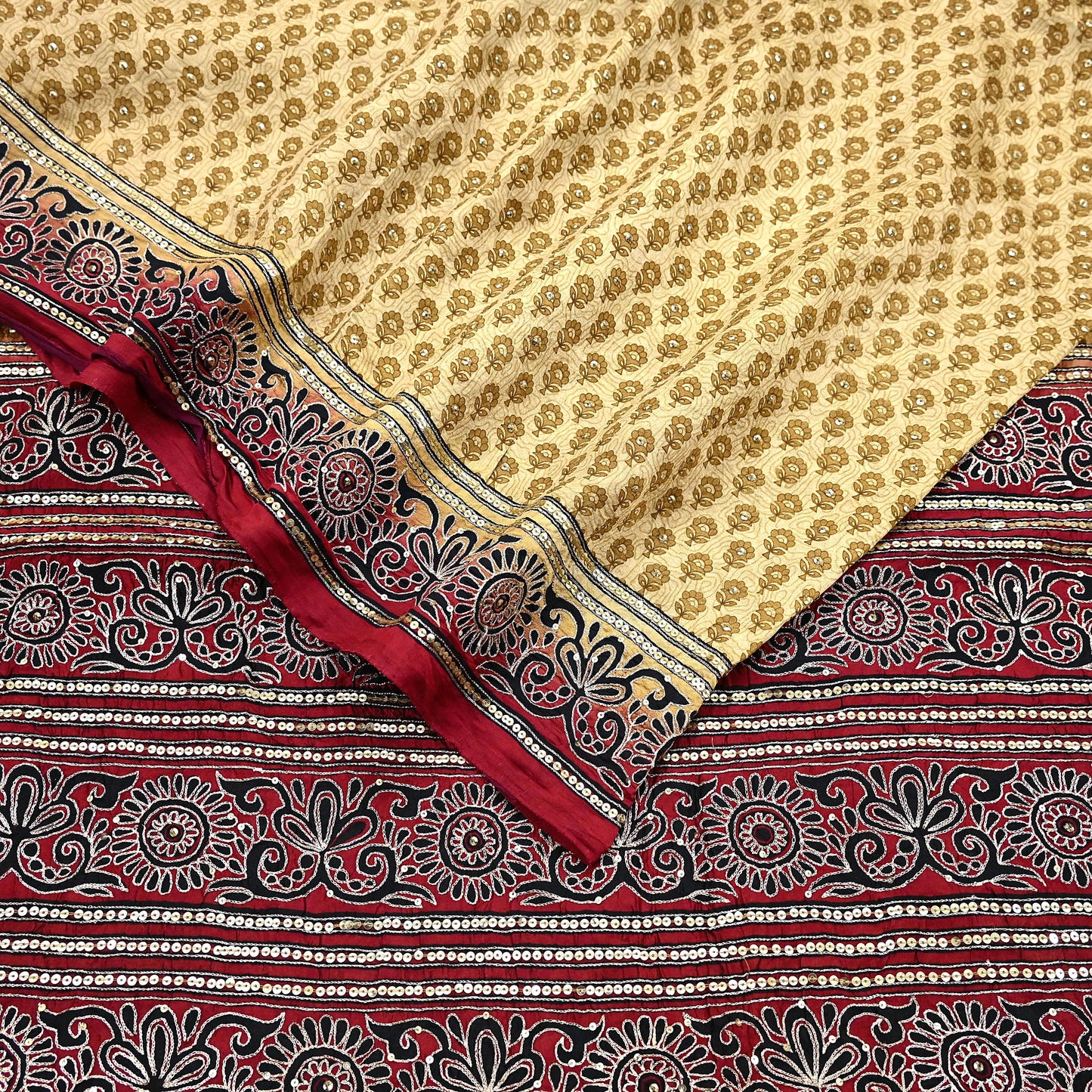 Indian Vintage Sari Beige & Maroon Pure Silk Hand Embroidered Sarees 5Yd Craft Fabric Sewing soft Quilting Crafting Ethnic Bollywood sarees