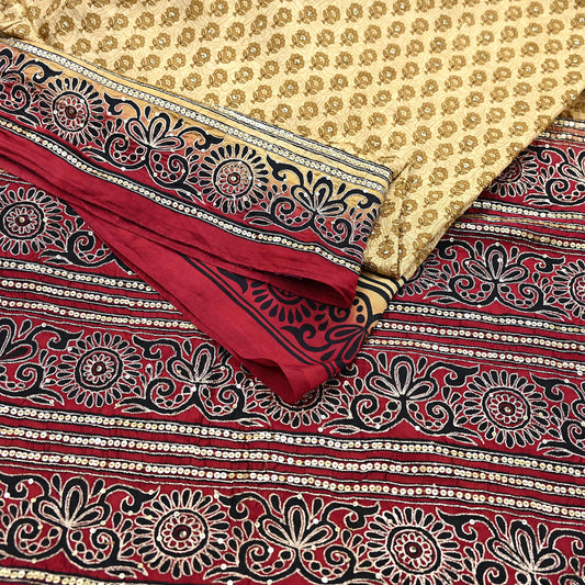 Indian Vintage Sari Beige & Maroon Pure Silk Hand Embroidered Sarees 5Yd Craft Fabric Sewing soft Quilting Crafting Ethnic Bollywood sarees