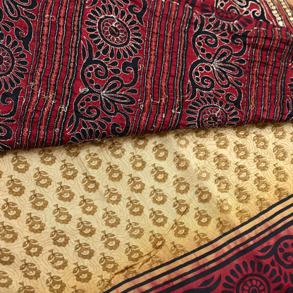 Indian Vintage Sari Beige & Maroon Pure Silk Hand Embroidered Sarees 5Yd Craft Fabric Sewing soft Quilting Crafting Ethnic Bollywood sarees