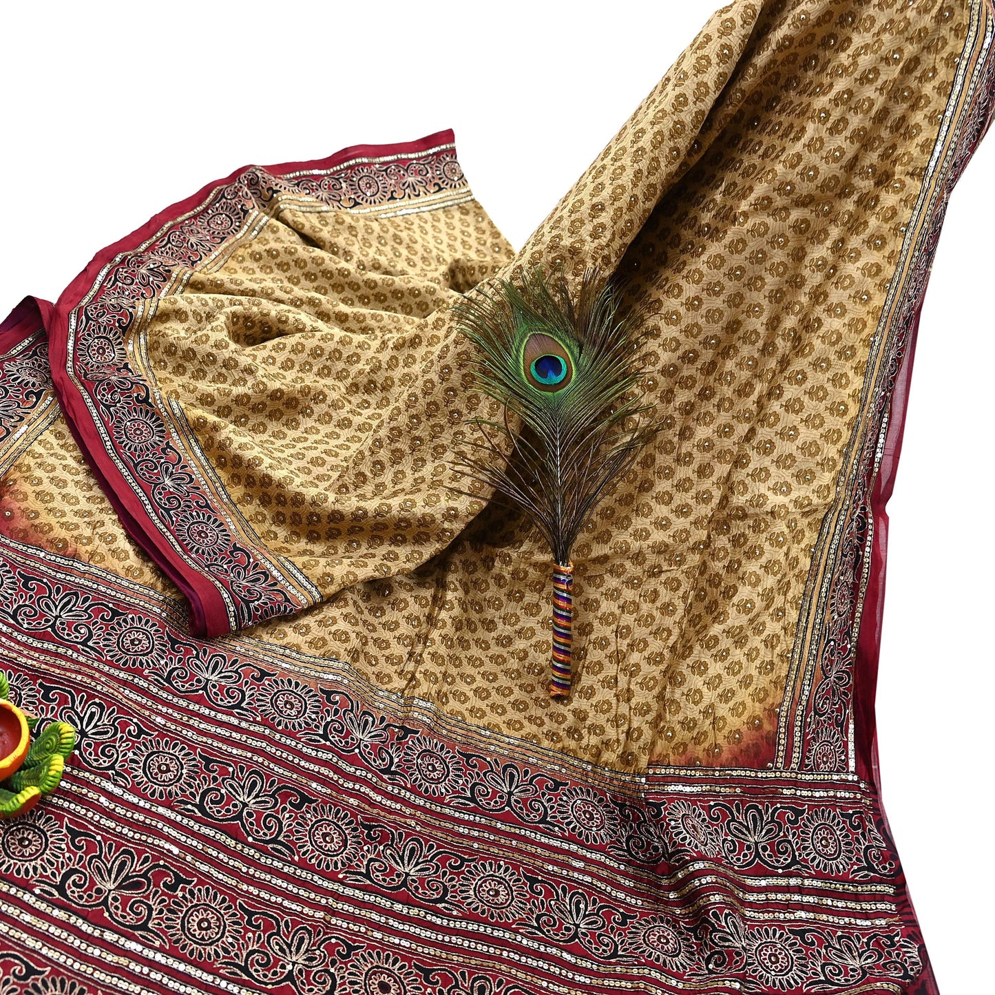 Indian Vintage Sari Beige & Maroon Pure Silk Hand Embroidered Sarees 5Yd Craft Fabric Sewing soft Quilting Crafting Ethnic Bollywood sarees