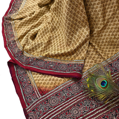 Indian Vintage Sari Beige & Maroon Pure Silk Hand Embroidered Sarees 5Yd Craft Fabric Sewing soft Quilting Crafting Ethnic Bollywood sarees