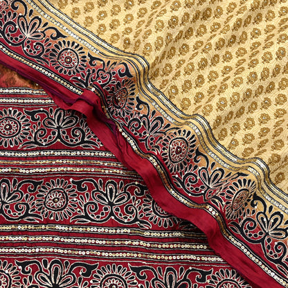 Indian Vintage Sari Beige & Maroon Pure Silk Hand Embroidered Sarees 5Yd Craft Fabric Sewing soft Quilting Crafting Ethnic Bollywood sarees