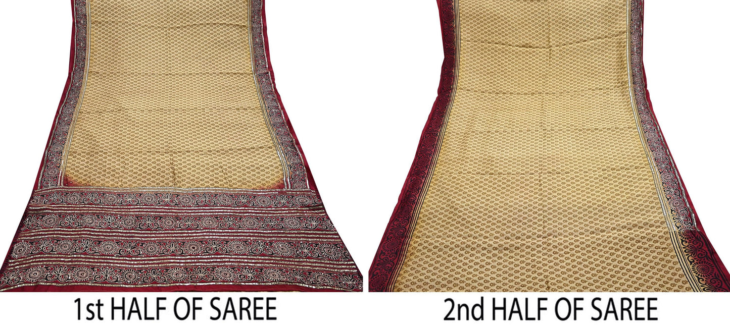 Indian Vintage Sari Beige & Maroon Pure Silk Hand Embroidered Sarees 5Yd Craft Fabric Sewing soft Quilting Crafting Ethnic Bollywood sarees