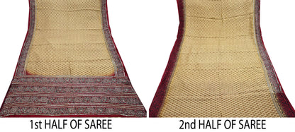 Indian Vintage Sari Beige & Maroon Pure Silk Hand Embroidered Sarees 5Yd Craft Fabric Sewing soft Quilting Crafting Ethnic Bollywood sarees