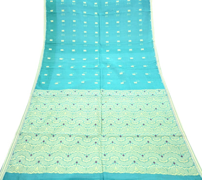 Indian Vintage Sari Green Pure Cotton Hand Woven Sarees Craft Fabric 5yd Ethnic Crafting Quilting Dress Making Quilting Upcycle