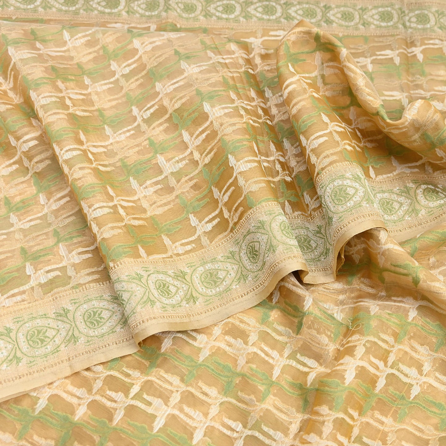 Indian Vintage Sari Beige Hand Woven 100% Pure Organza Silk Saree Craft Fabric 5Yd Dress Making Crafting Quilting Upcycle Fringes