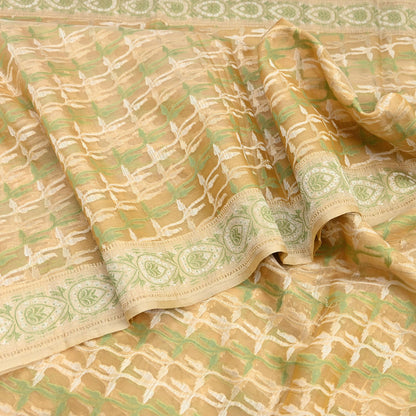 Indian Vintage Sari Beige Hand Woven 100% Pure Organza Silk Saree Craft Fabric 5Yd Dress Making Crafting Quilting Upcycle Fringes