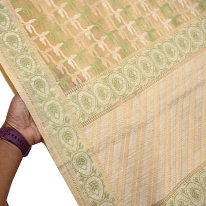Indian Vintage Sari Beige Hand Woven 100% Pure Organza Silk Saree Craft Fabric 5Yd Dress Making Crafting Quilting Upcycle Fringes