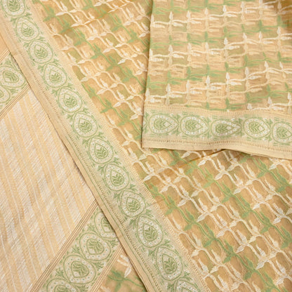 Indian Vintage Sari Beige Hand Woven 100% Pure Organza Silk Saree Craft Fabric 5Yd Dress Making Crafting Quilting Upcycle Fringes