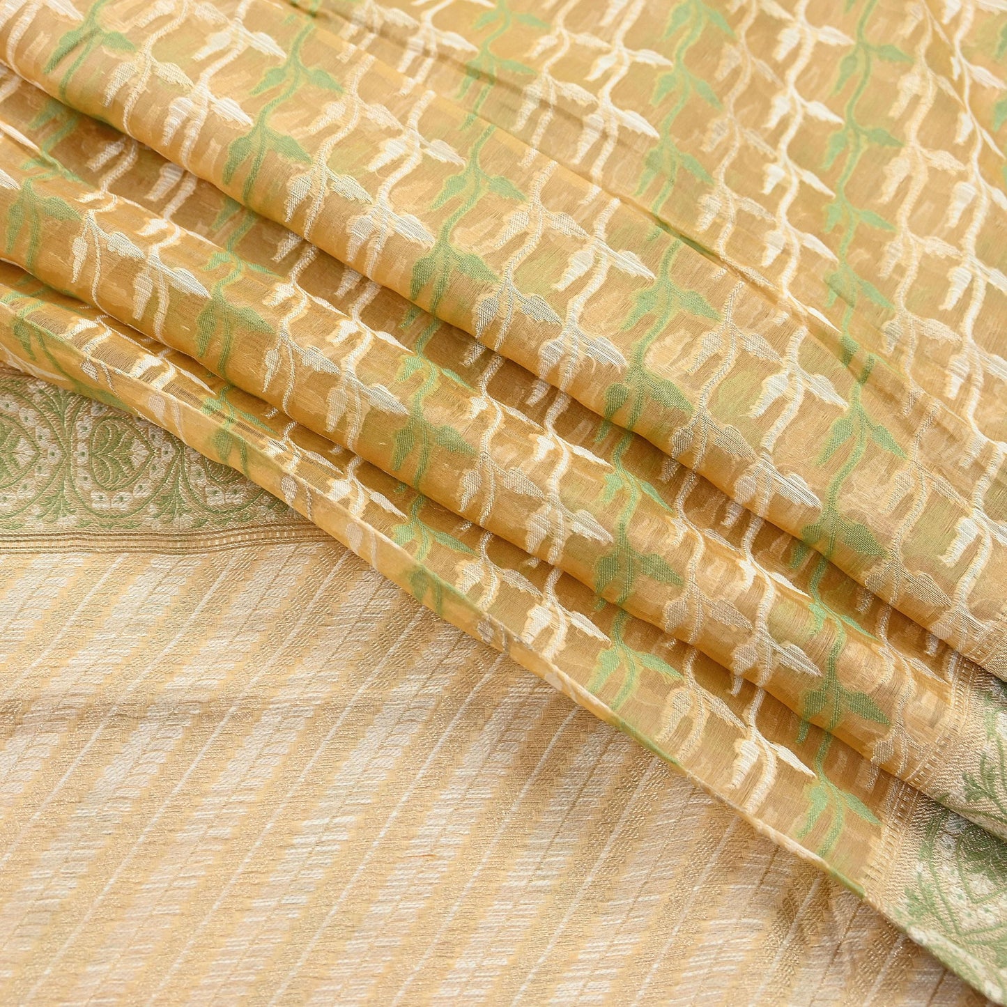 Indian Vintage Sari Beige Hand Woven 100% Pure Organza Silk Saree Craft Fabric 5Yd Dress Making Crafting Quilting Upcycle Fringes