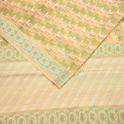 Indian Vintage Sari Beige Hand Woven 100% Pure Organza Silk Saree Craft Fabric 5Yd Dress Making Crafting Quilting Upcycle Fringes
