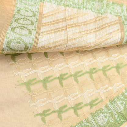 Indian Vintage Sari Beige Hand Woven 100% Pure Organza Silk Saree Craft Fabric 5Yd Dress Making Crafting Quilting Upcycle Fringes