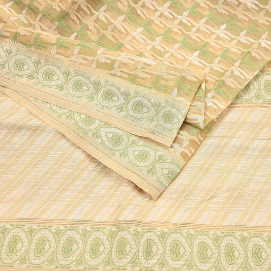Indian Vintage Sari Beige Hand Woven 100% Pure Organza Silk Saree Craft Fabric 5Yd Dress Making Crafting Quilting Upcycle Fringes