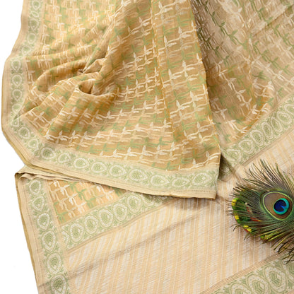 Indian Vintage Sari Beige Hand Woven 100% Pure Organza Silk Saree Craft Fabric 5Yd Dress Making Crafting Quilting Upcycle Fringes