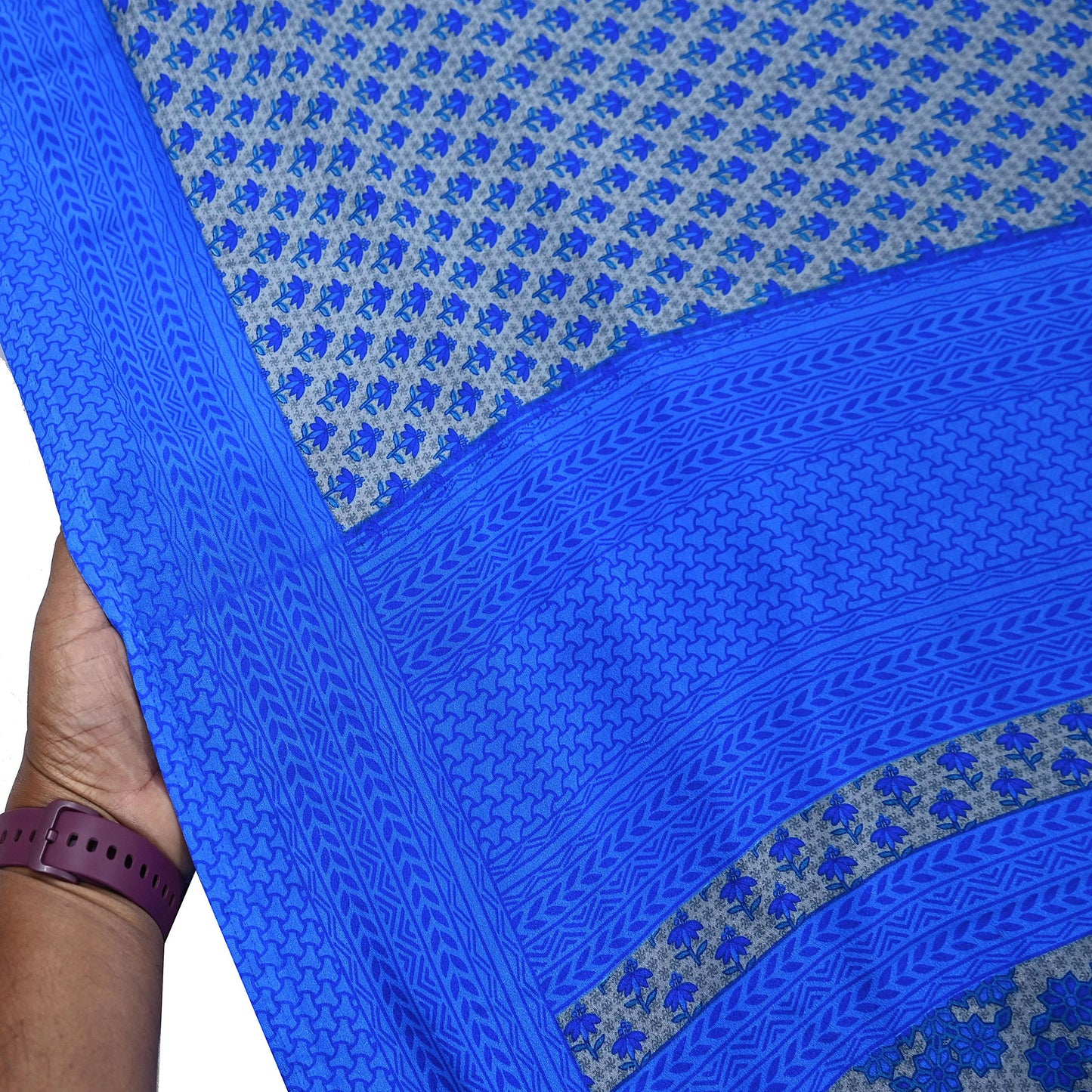 Indian Vintage Blue & Gray Artificial Silk Saree Printed Sari 5 Yards Soft Craft Fabric for Sewing, Dressmaking, Quilting,Upcycling