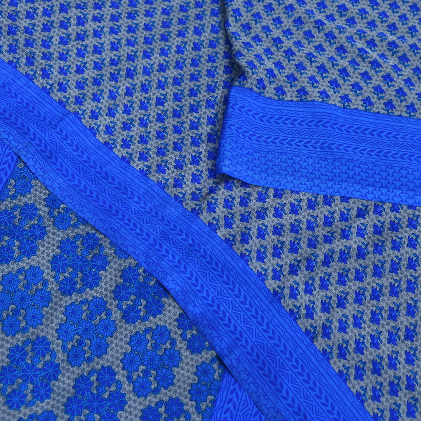 Indian Vintage Blue & Gray Artificial Silk Saree Printed Sari 5 Yards Soft Craft Fabric for Sewing, Dressmaking, Quilting,Upcycling